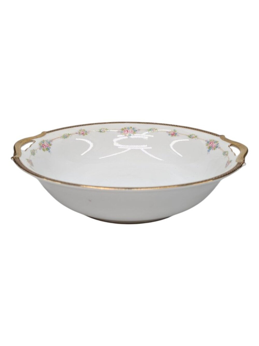 Antique Noritake Nippon M Round Serving Bowl Roses Black Gold Trim 10" Porcelain